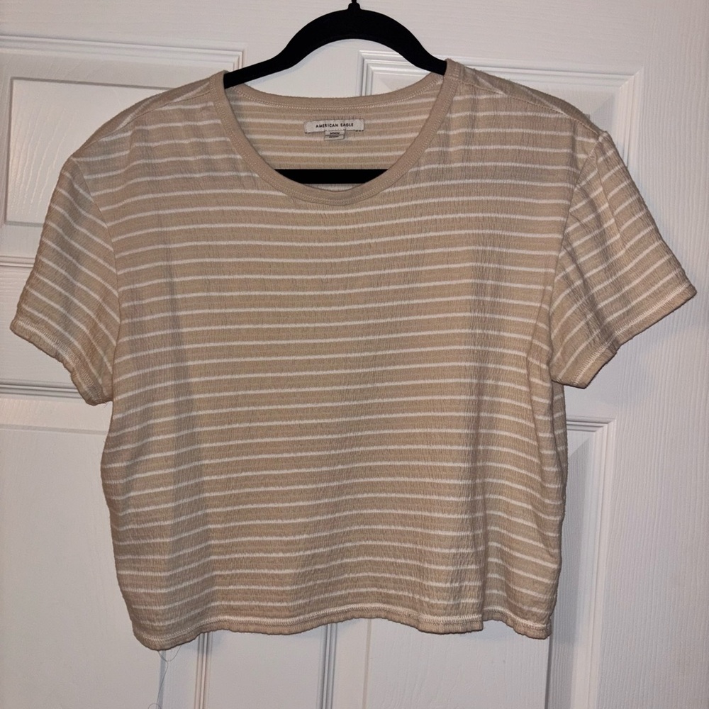 American Eagle Striped Short Sleeve Crop Top in Beige - Women's Casual Tee - Picture 2 of 4